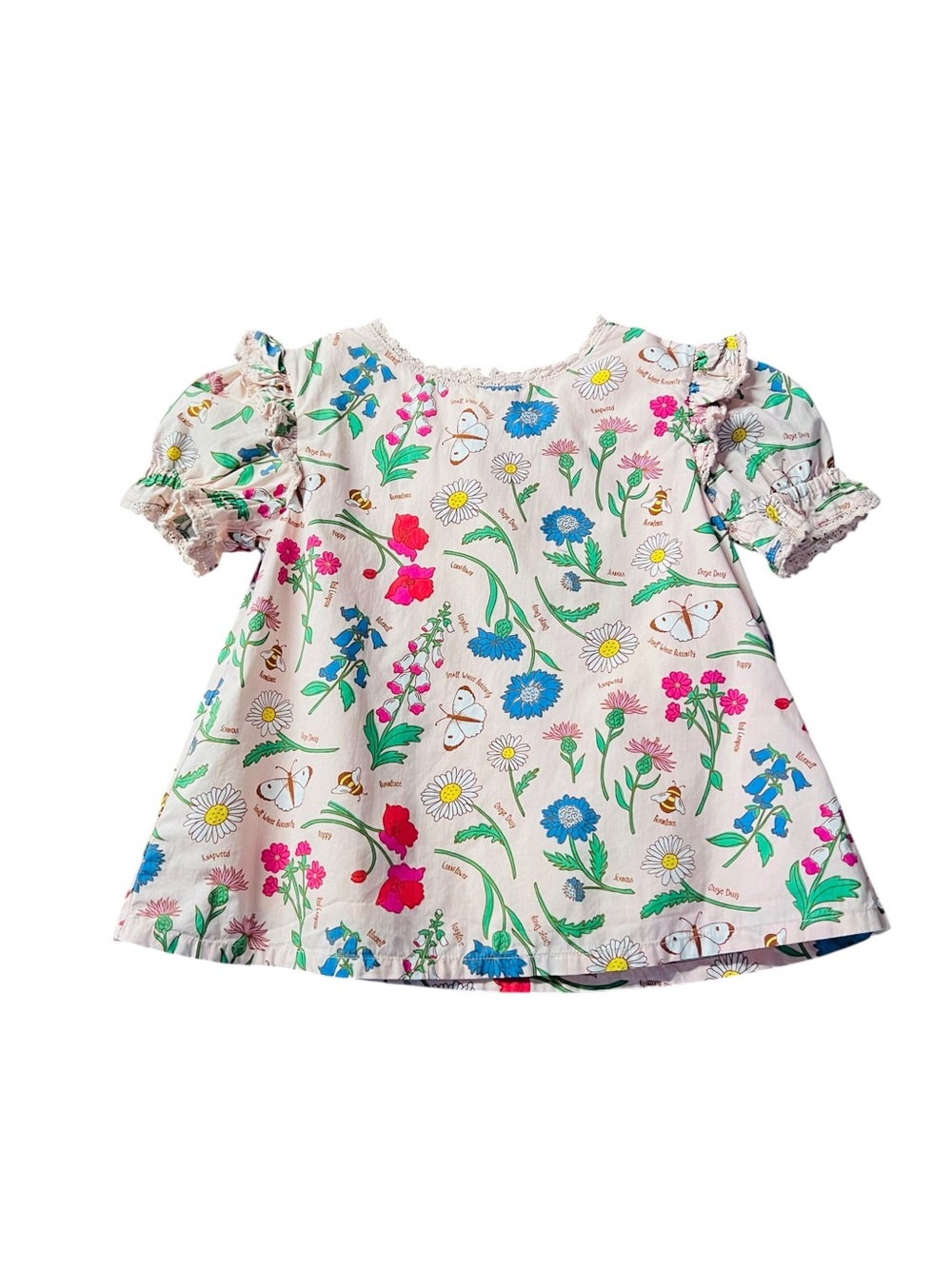 Mini Boden Soft Pink Floral & Butterfly Puff-Sleeve Top Size 7-8Y